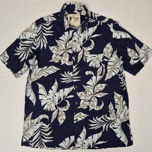 Vintage Silk Circa 1969 Blue Hawaiian Foliage Floral Linen & Rayon Shirt Men M